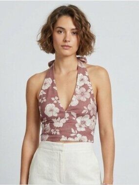 Abercrombie And Fitch Cotton Halter Top Tropical Size XS Smocked Beach Resort